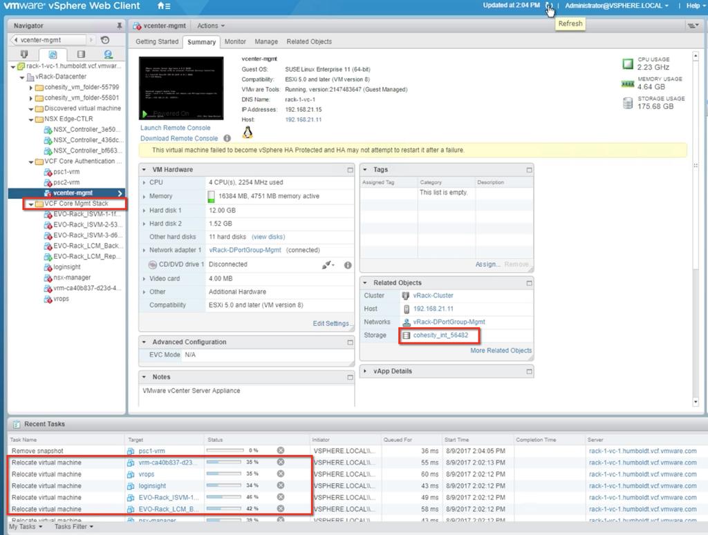 Figure 35: VCF Management Stack VMs Storage vmotioned back to vsan Primary Datastore As a final step, the vcenter and PSC VMs which were restored to the individual host can now be manually