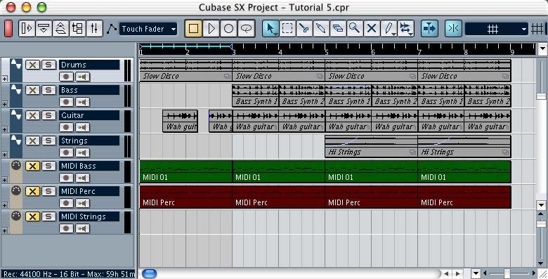 The Tutorial 5 project opens. If you followed the previous tutorial, this will look oddly familiar... It s the same eight-bar song that you created in tutorial 4, but with three extra tracks.
