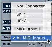 This routes the track to the a1 synthesizer. However, now we also need a MIDI input, since you re going to play the VST instrument live : 6.