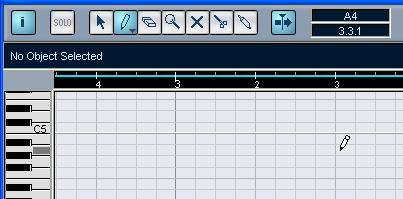 Drawing events in the Key Editor When you move the pointer in the note display, its bar position is indicated in the toolbar, and its pitch is indicated both in the toolbar and on the piano keyboard
