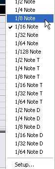 2. Open the Quantize pop-up menu on the toolbar. The menu contains three main categories of note values, Straight, Triplet and Dotted. Straight note values Dotted note values Triplet note values 3.