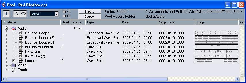 The Pool All files, audio or video, that belong to a project are listed in the Pool. There is a separate Pool for every project.