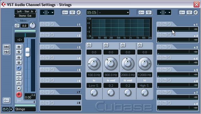Setting up a send 1. Go back to the mixer and locate the channel strip for the Strings track. 2. Click the e button in the Strings channel strip to open its Channel Settings window.