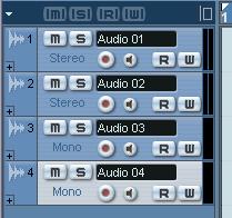 10.Create two mono tracks as well. Use the same method, just select Mono in the dialog that appears. Now we have two stereo tracks and two mono tracks, which is what we need. 11.