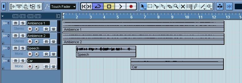 this is not necessary. 16.Proceed in the same way with the clips Ambience 2 (on the second stereo track), Speech and Car (each on one mono track). Position the clips roughly like on this picture: 17.