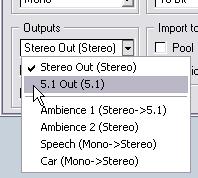 8. Pull down the Outputs pop-up menu and select your 5.1 Output bus. This is where you select which output bus to export.