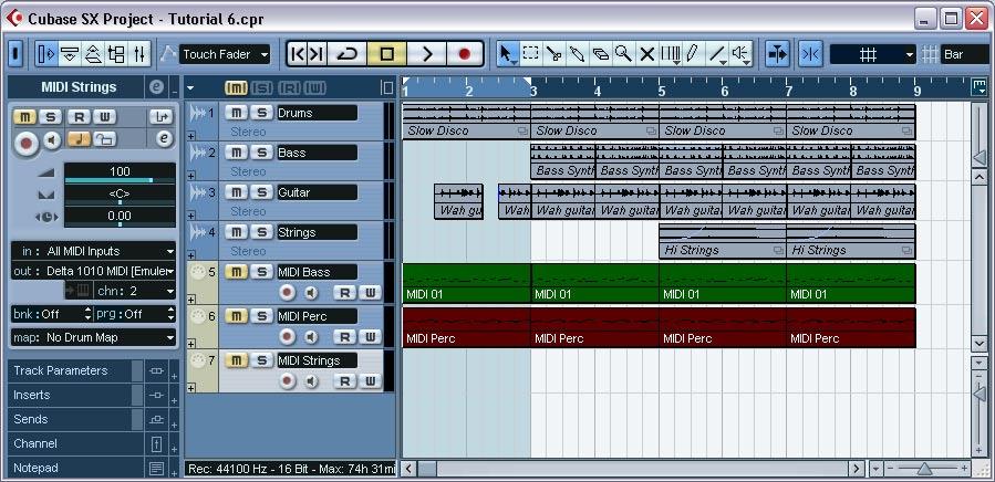 Activating a VST Instrument The three tracks at the bottom of the Track list are MIDI tracks, as indicated by the yellow border and the MIDI symbol to the left in the Track list.