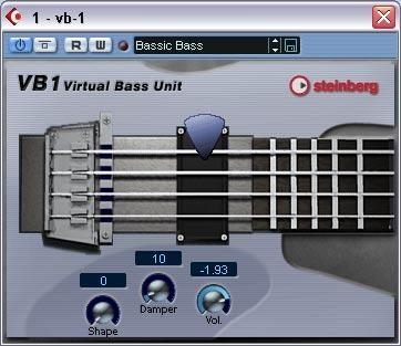 3. Select vb-1 from the Synths submenu. The VB-1 virtual bass unit is loaded, and its control panel appears. 4. In the control panel, make sure the power button in the left corner is activated (lit).
