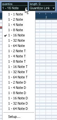 2. Open the quantize pop-up menu on the toolbar. The menu contains three main categories of note values, Straight, Triplet and Dotted. Straight note values Triplet note values Dotted note values 3.