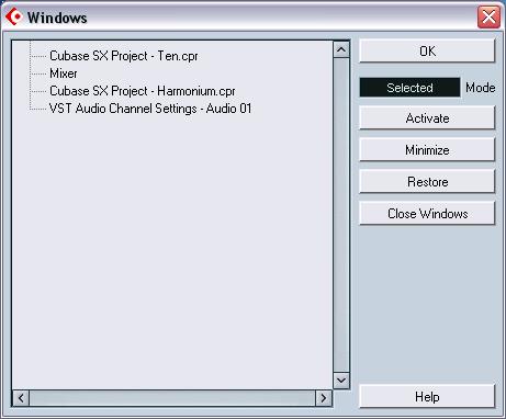 The Windows dialog By selecting Windows from the Window menu, you open the Windows dialog. This allows you to manage the open windows in various ways.