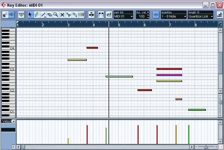 The MIDI editors Editing MIDI data is done using the MIDI editors. The following editors are available: Key Editor The Key Editor shows the contents of one or several MIDI parts.