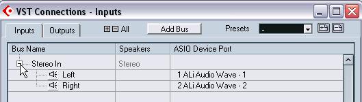 3. Click the + button to the left so that the individual inputs in the bus are shown. The ASIO Device Port column shows the physical inputs on your audio hardware that are used by the bus. 4.