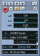 2. To set the MIDI channel for a track, use the MIDI chn: pop-up in the Inspector.