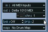 Selecting a sound To select different sounds, you can send Program Change messages to your MIDI device using the prg: value field in the Inspector. Click here to select a Program number.