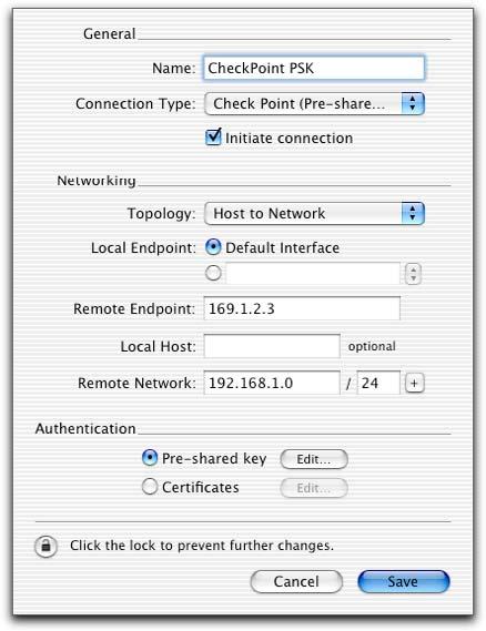 3.2 VPN T racker configuration Step 1 Add a new connection with the following options: Choose Check Point (Pre-shared key) as the Connection Type, Host to Network as Topology, then type in the remote