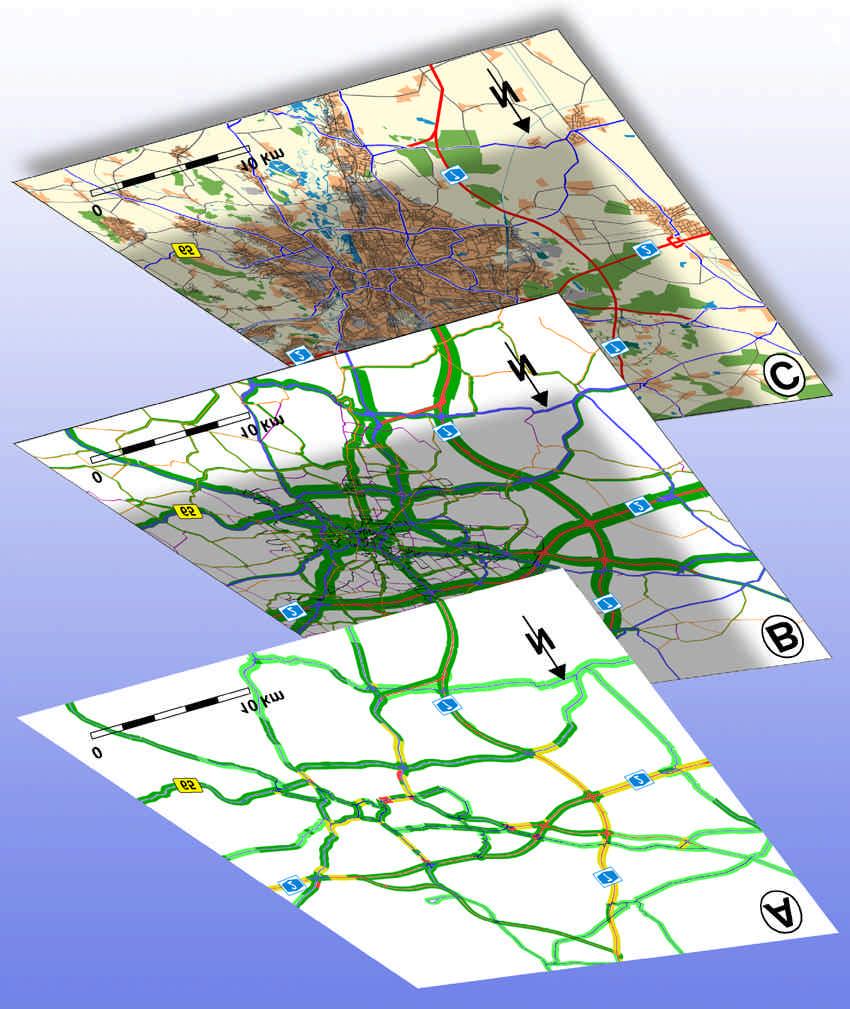 Fig. 5: Increasing level of detail of network topology: A:forecasting network; B: planning network, C: navigation network type of network number of links number of zones navigation network about 100.