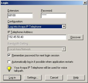 5. From the menu bar, select File -> Log In. Enter the extension and password of the IP telephone. For the Configuration field, select Log into IP Telephone.