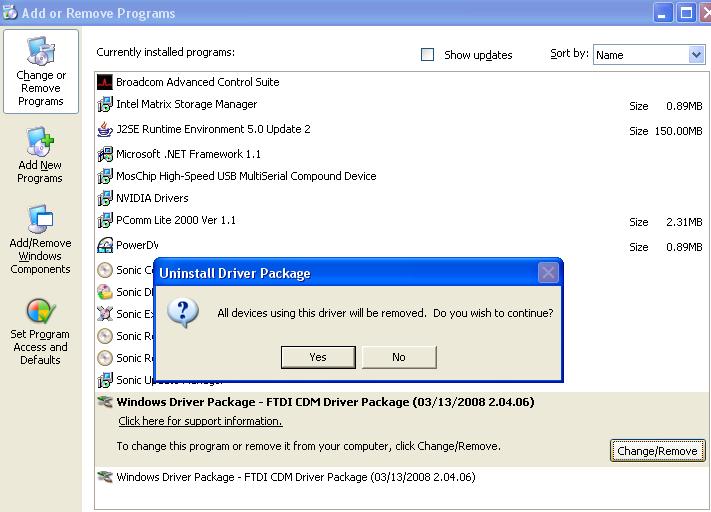 10. Open the Add or Remove program. 11. Remove the first Windows Driver Package FTDI CDM Driver Package ( ). 12. Click Change/Remove and Yes to remove the first Windows Driver Package. 13.