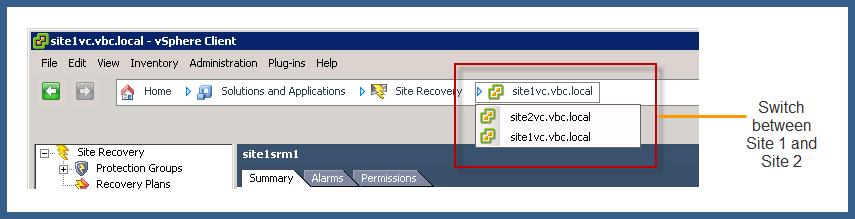 1.2. Switch Between Protected Site and Recovery Site in vsphere Client With Site Recovery Manager 4.1, you no longer have to use two separate vsphere Clients to connect to each site separately.