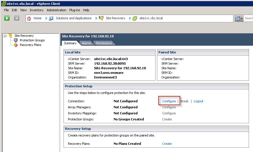 4. In the Protection Setup area of the Summary window, navigate to the Connection line and click Configure. Figure 4. Configure connection pairing of protected and recovery sites 5.