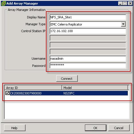 7. Fill in the remaining fields of the Add Array Manager window. These fields are defined by the SRA. For more information about how to fill them in, see the documentation provided by your SRA vendor.