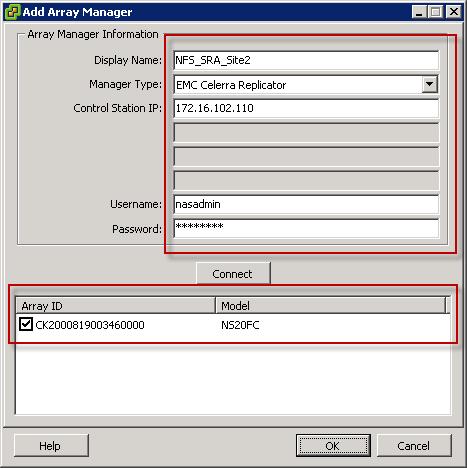 Figure 11. Enter array manager information for recovery site 12. Click OK.