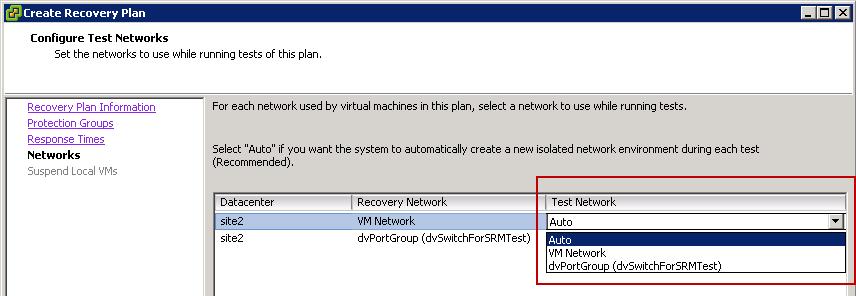 7. On the Configure Test Networks page of the Create Recovery Plan wizard, select a recovery site network to which recovered virtual machines connect to during recovery plan tests, and then click