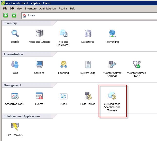 Step 6: Customize IP properties To customize the network properties of a virtual machine, customers can invoke the Customization Specification Manager on the recovery site to create a new