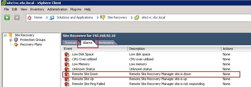 3. In the main window, click the Alarms tab to display the list of Site Recovery Manager alarms. Figure 43.