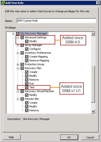 4. Input the name of the new role (e.g. Site Recovery Manager Custom Role) and select the privileges for the new role. NOTE: In Site Recovery Manager 1.