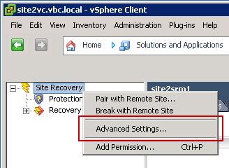 4. Site Recovery Manager Advanced Settings In Site Recovery Manager 4.1, you can use the Advanced Settings dialog to view or change many custom settings for the Site Recovery Manager service.