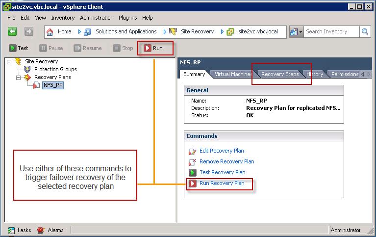 5. Failover from Protected Site to Recovery Site Site Recovery Manager enables you to Run a recovery plan that will result in the actual failover of virtual machines from the protected site.