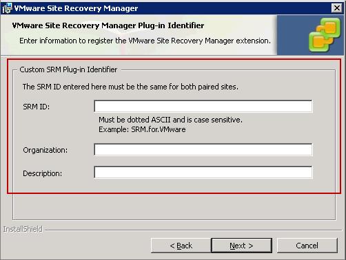 Figure 72. Enter custom Site Recovery Manager Plug-in ID On recovery site 1. Install Site Recovery Manager using the switch /V CUSTOM_SETUP=1 2.