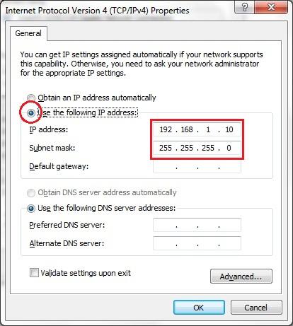 Note: Ensure that the IP address and subnet mask are on the same subnet as the device.