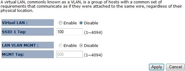 46 5.8 VLAN The VLAN option of the Wireless menu allows you to configure the VLAN (Virtual LAN). Note: Only in Access Point and WDS AP mode.