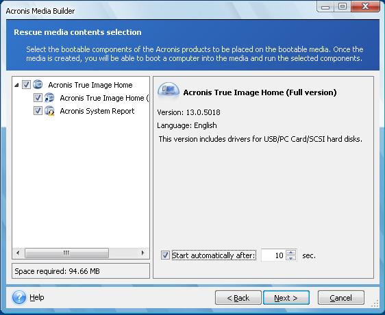 2. Select which components of the Acronis program you want to place on the bootable media.