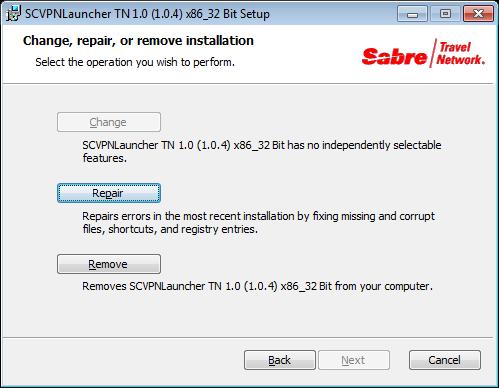 3. The Change, repair, or remove installation window will appear. For repair, click on the Repair button to repair the SCVPNLauncher installation. 4.