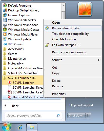 Uninstallation 3 3.1 Uninstallation SCVPNLauncher can be uninstalled from the Windows Start Menu for Windows 7, Windows 8 and Windows 8.1. Please make sure that all applications that use SCVPN are shutdown prior to uninstalling SCVPNLauncher.