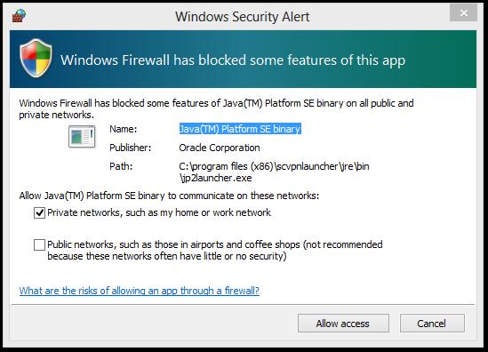 7. The first time SCVPNLauncher is run, the Windows Security Alert window may appear.