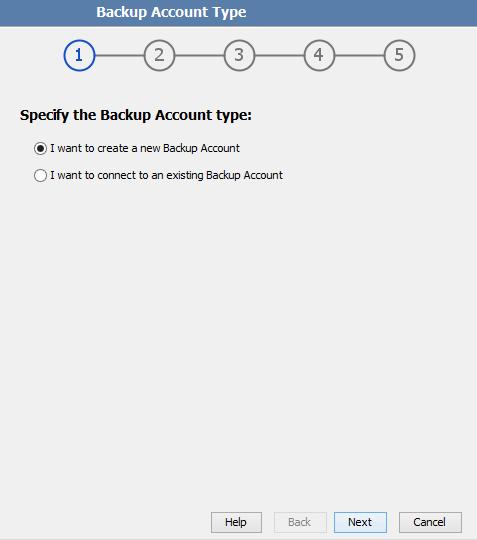 Step 2 of 6: Create or connect to a Backup Account You can either create a Backup Account or connect to an existing Backup Account. To create a new Backup Account: 1.
