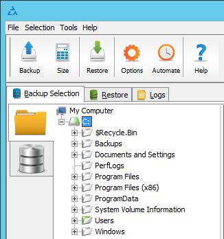 The Backup Client contains the following areas: Menu bar Toolbar Tabs Views Product Help Status bar The Backup Client will automatically detect if Microsoft SQL Server is