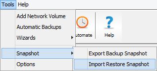Snapshot > Export Backup Snapshot Access the Export Backup Snapshot dialog box, which enables you to configure the next backup to be a Snapshot backup to a specific location.