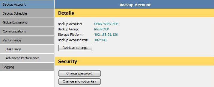 Backup Account You can use the Backup Account page in the Options and Settings dialog box to: Retrieve Backup Account settings Modify security settings The Backup Account page consists of the