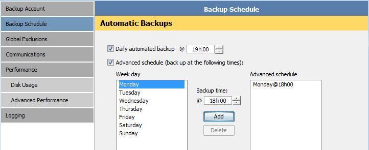 Backup Schedule You can use the Backup Schedule page in the Options and Settings dialog box to: Enable/disable a daily automated backup Create advanced automatic backup schedules Daily automatic