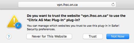 9. Click Trust to allow Safari to use the Access Gateway Plug-in. 10.