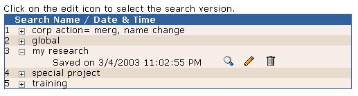 Retrieve Saved Search Criteria 1. Click Search tab to return to Search template. 2. Click in title bar to view an alphabetical listing of your saved searches. 3.