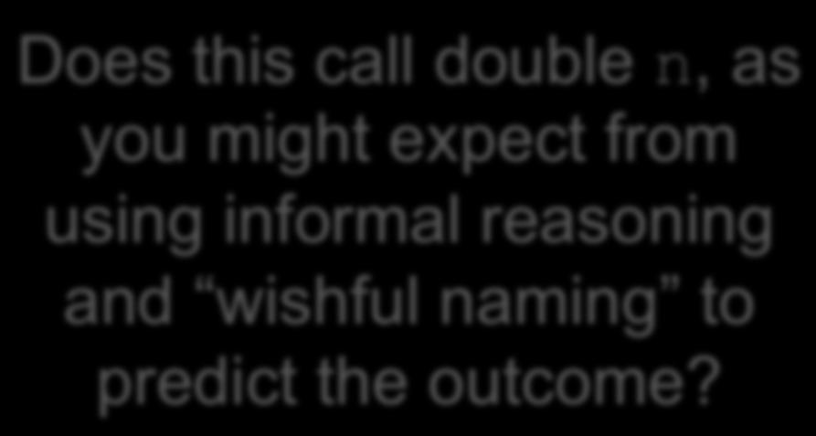 The Receiver Is An Argument Does this call double n, as Note that the reference you might value expect of the from receiver of a call (to an instance using informal method) reasoning is copied to the