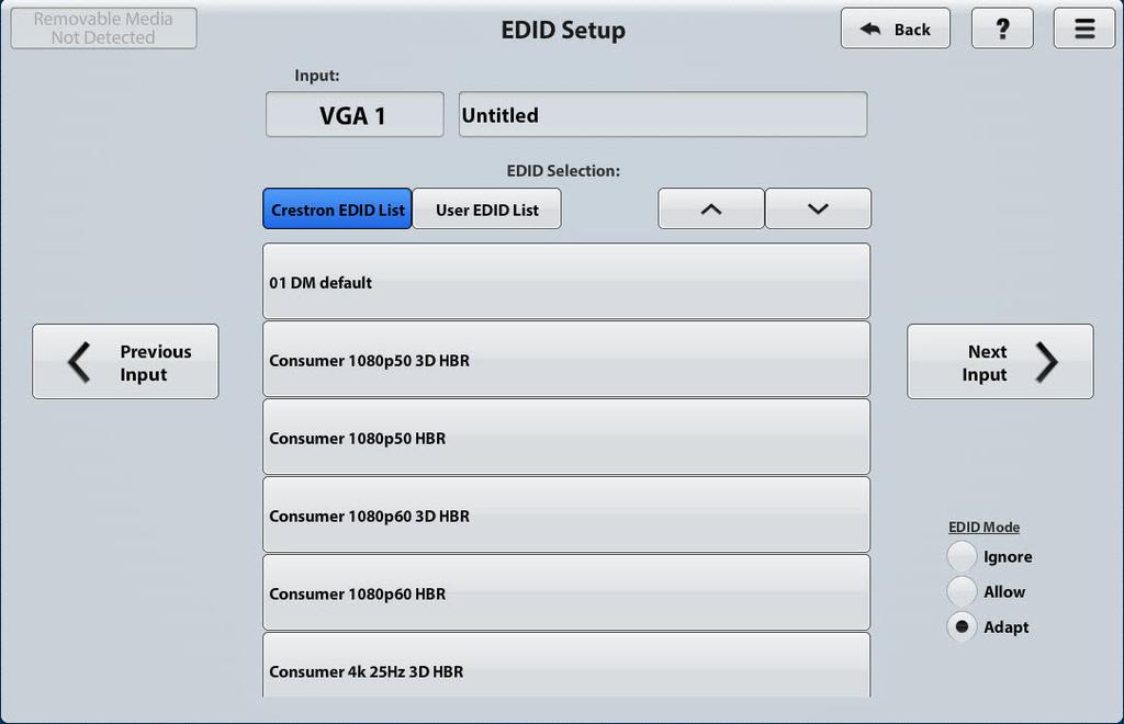 EDID EDID (Extended Display Identification Data) configuration allows management of the EDID that is to be sent to the upstream device connected to a VGA, HDMI, or DM 8G+ input of the DMPS3-4K-150-C.