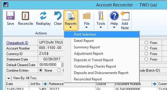 3. Improved confirmation when Reconciling a checkbook for Printing report options.