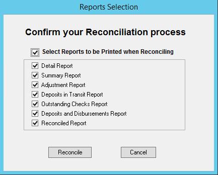 complete the Reconcile. Select Cancel to return back to account rec window or select Complete Reconcile to complete the reconciliation of the checkbook.